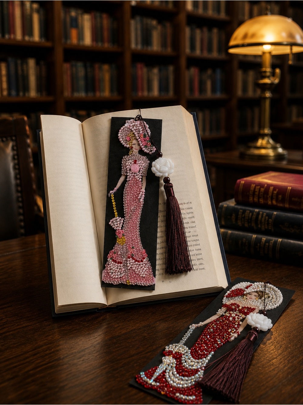 2 Elegant Victorian style diamond painting, Beaded Bookmarks with Tassels